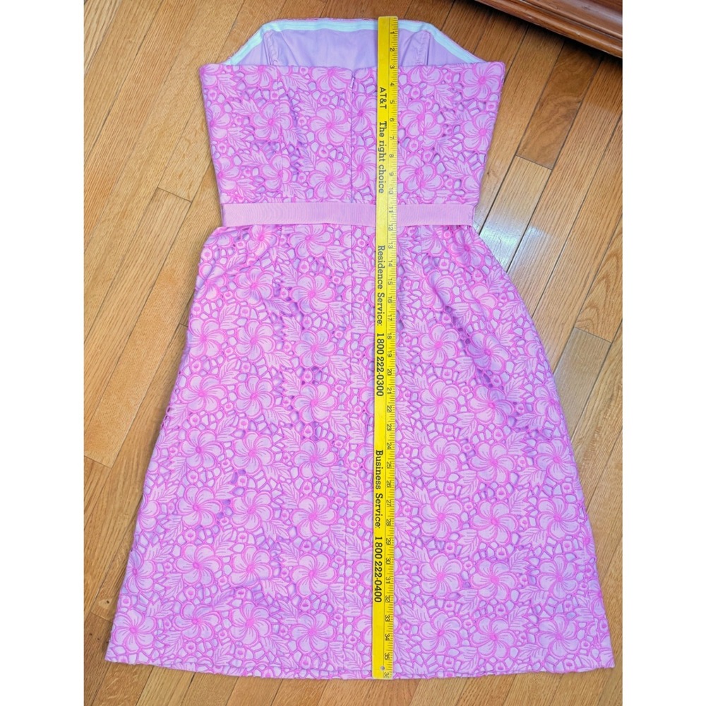 Lilly Pulitzer Pink Floral Eyelet‎ Lace Strapless Dress with Ribbon Belt Size 12 - Picture 9 of 9